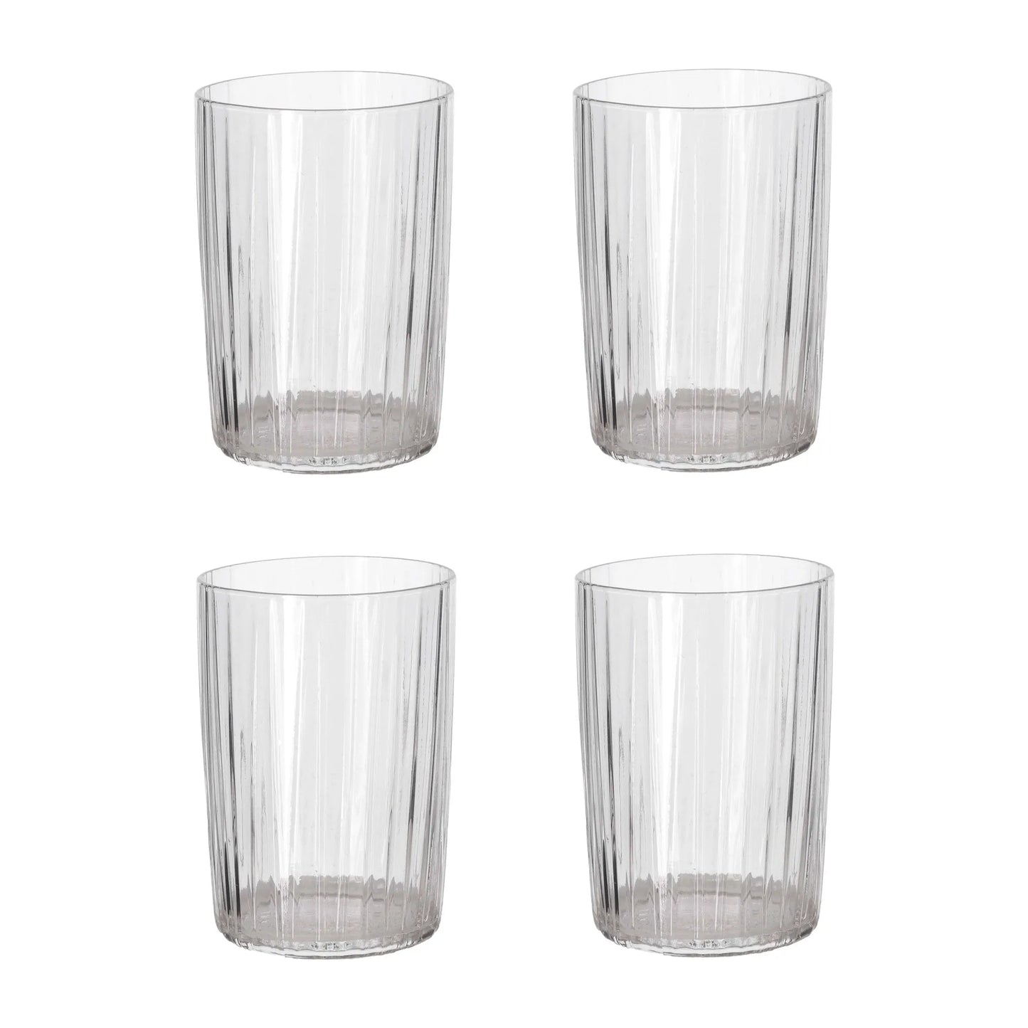 Four clear plastic tumblers on a white background