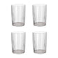 Four clear plastic tumblers on a white background