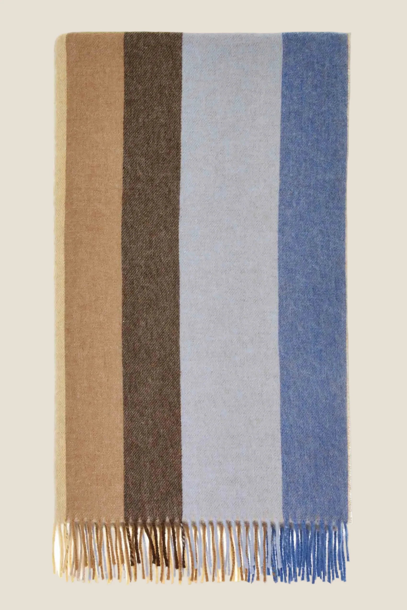 Striped scarf with brown, blue, and beige colors on a beige background