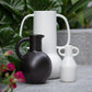 Group of black and white vases and jug with handles with foliage around