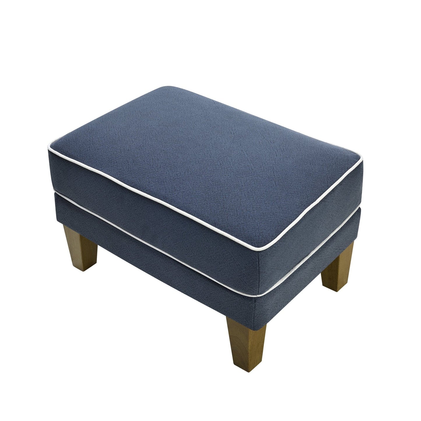 Blue ottoman with white piping on a white background