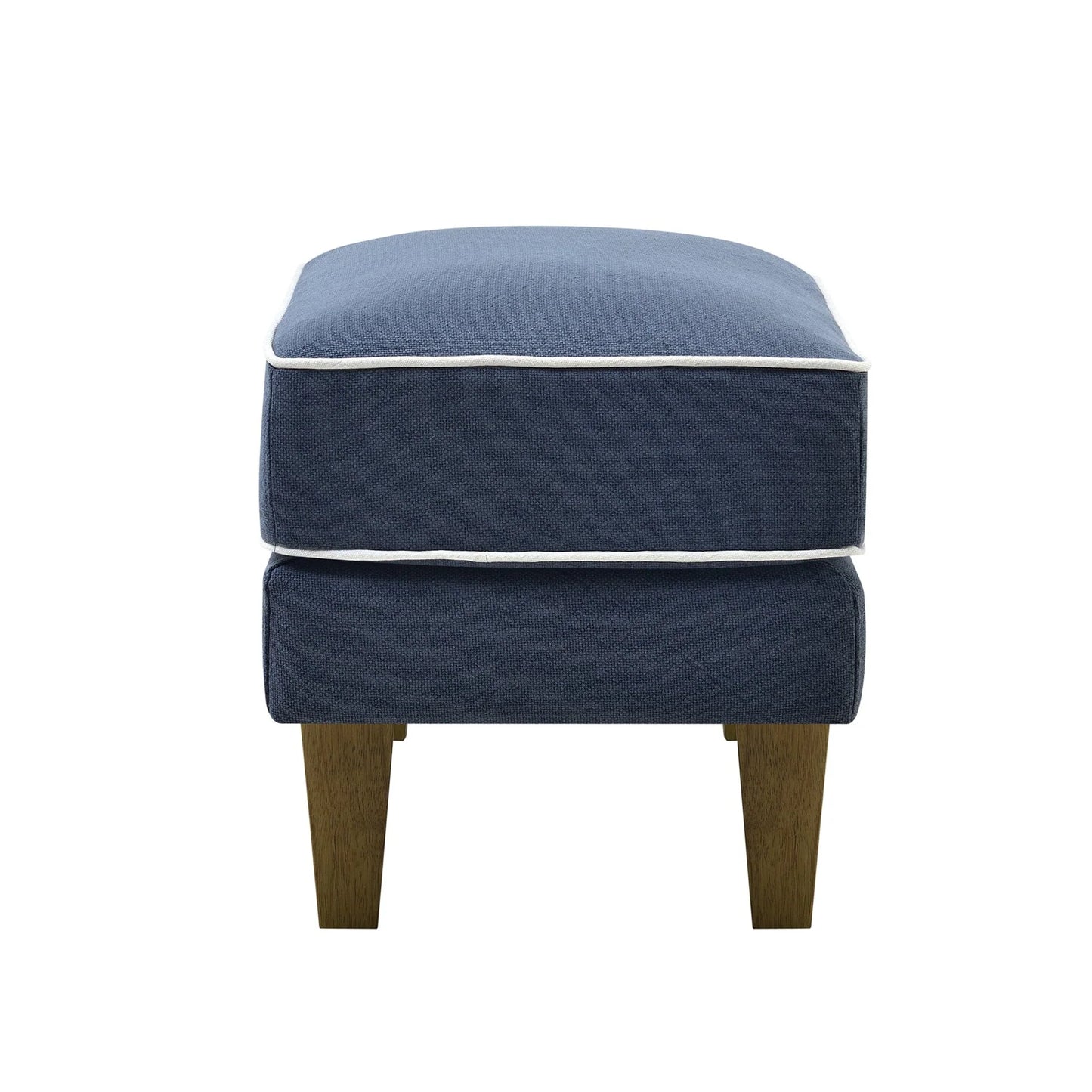 Blue ottoman with white trim on a white background