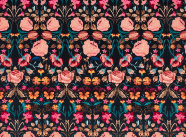 Bonita Velvet Rosa floral fabric from Temperley London and Roma Fabrics in pinks, aqua, orange and green on a black background