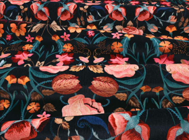Bonita Velvet Rosa floral fabric from Temperley London and Roma Fabrics in pinks, aqua, orange and green on a black background