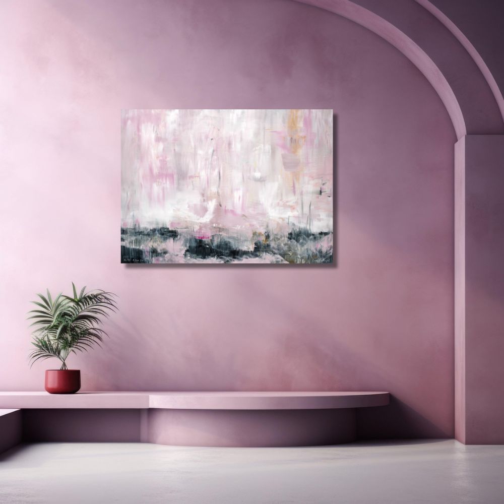 Abstract painting on a pink wall with a plant below