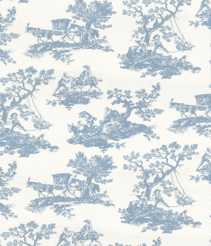 Patterned fabric with blue pastoral scenes on a white background