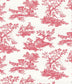 Pink and white toile pattern with horses, carriages, and trees.