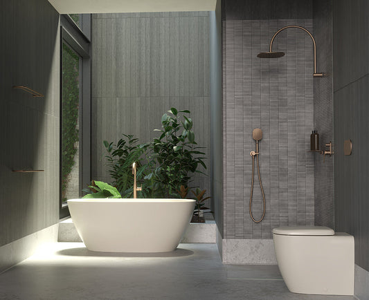 Contura II bathroom featuring brushed bronze showers and tapware