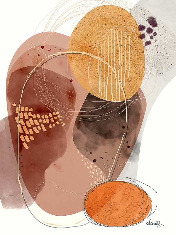 Abstract art with circular shapes and patterns in earthy tones on a white background