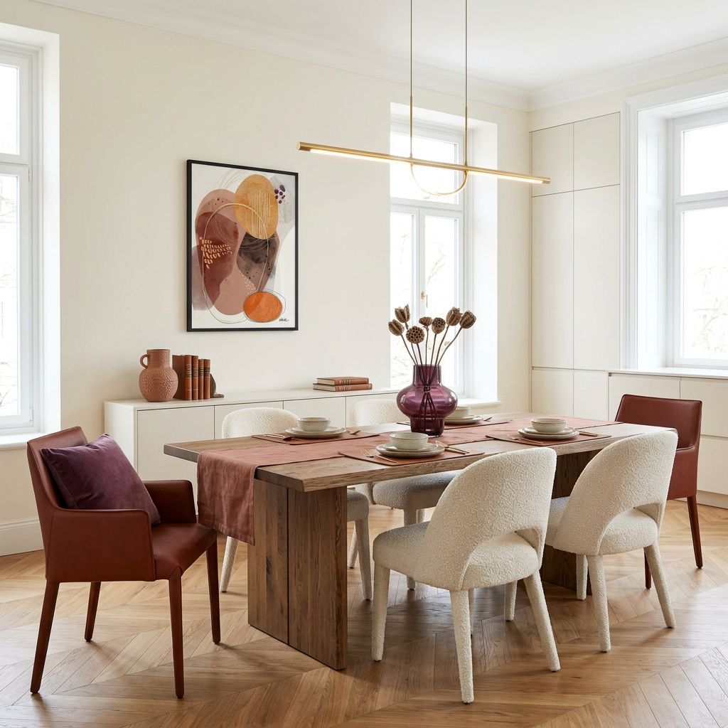 Dining room with a wooden table and chairs, featuring a vase and abstract art on the wall.
