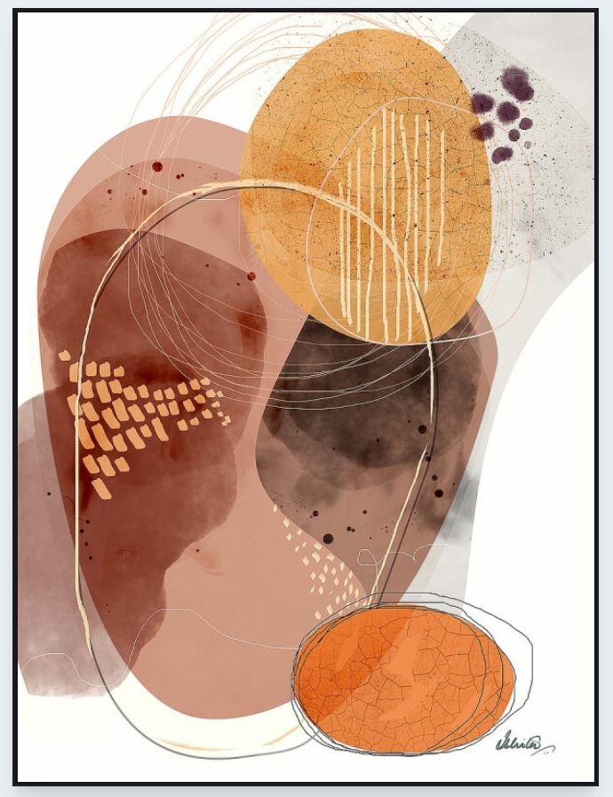 Abstract art piece with geometric shapes and patterns in earthy tones.