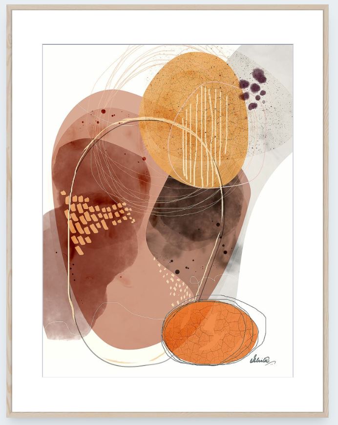 Abstract art print with geometric shapes in earthy tones on a white background