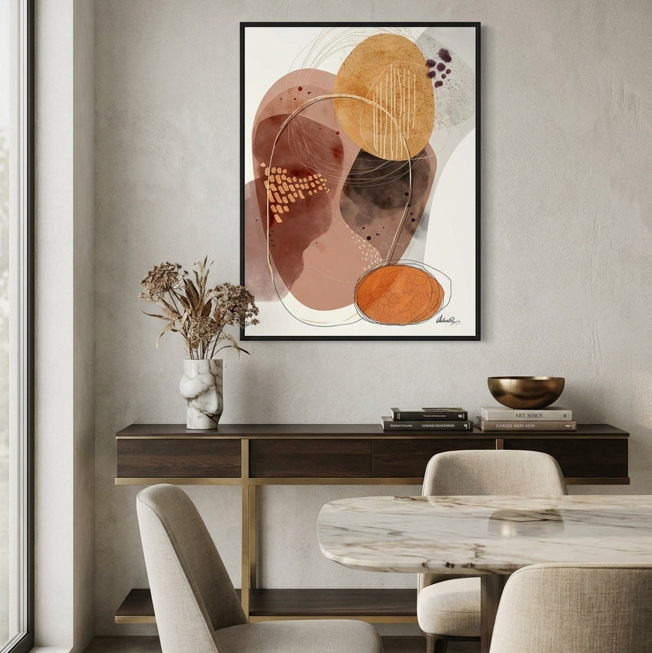 Modern interior with abstract art on the wall, table, and chairs.