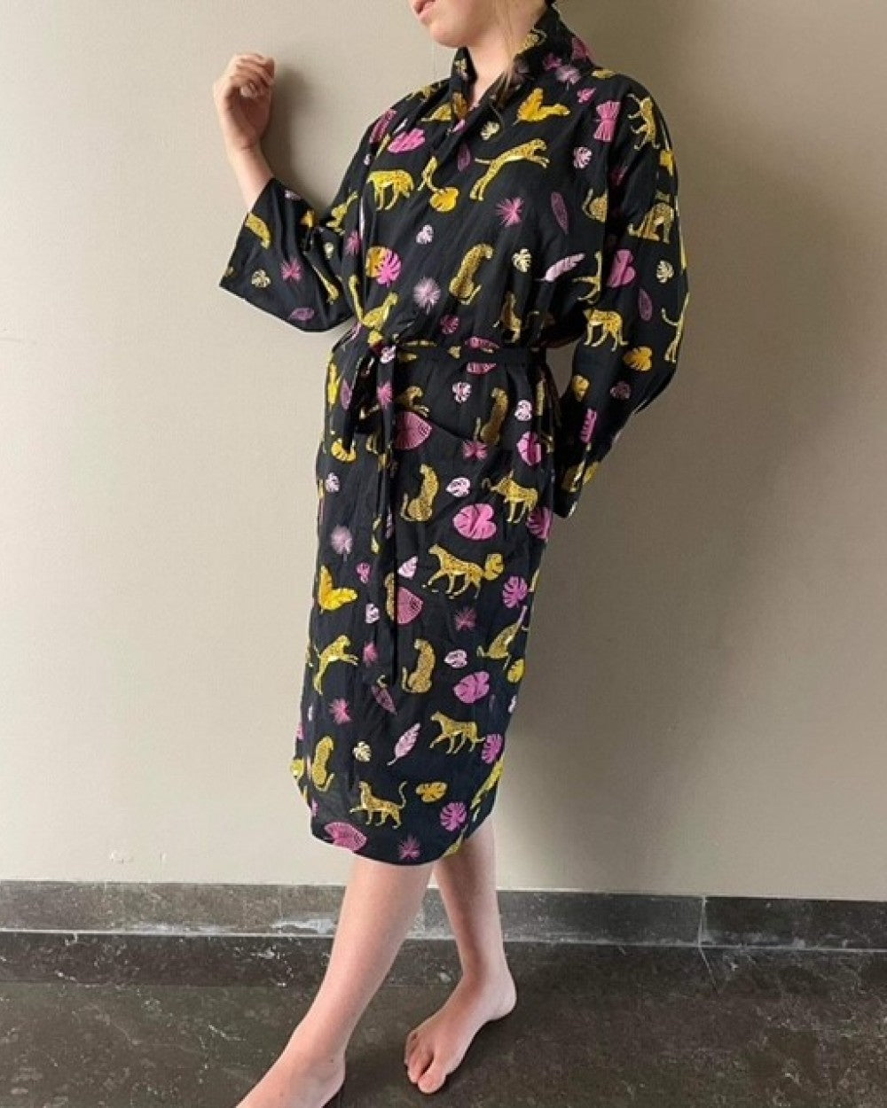 Cheetah Print Satin Kimono Robe