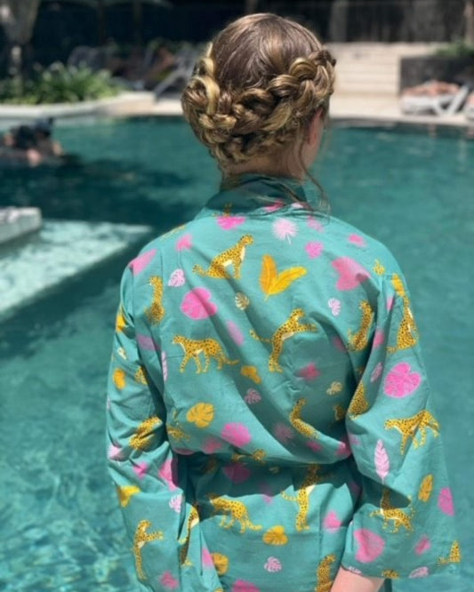 Cheeky Cheetah Kimono Robe - Palm Green