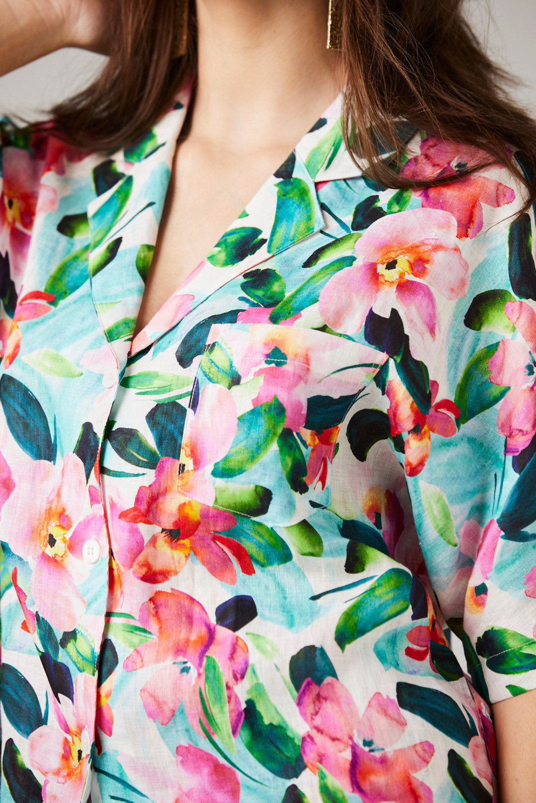 Colorful floral patterned garment with a close-up view