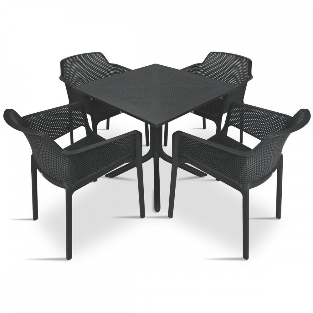 Black outdoor table with four matching chairs on a white background