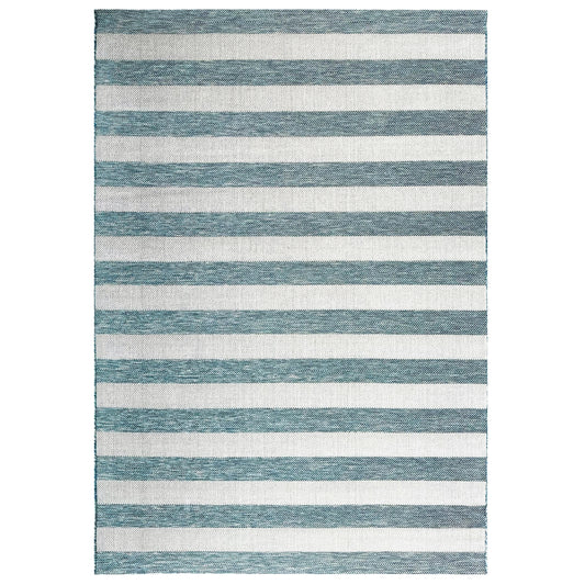 Striped blue and white rug on a white background