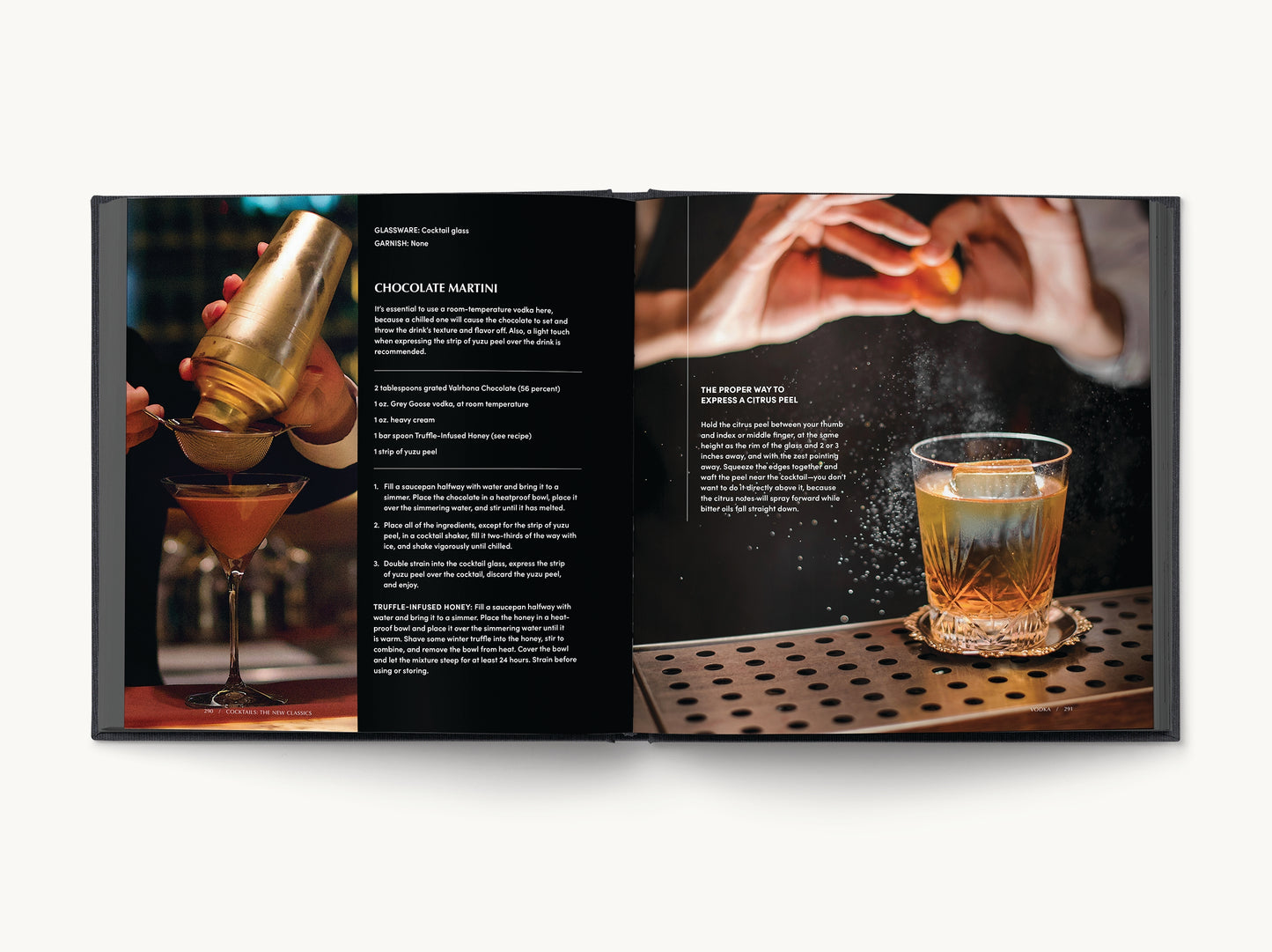 Inside a cocktail book, chocolate martini recipe with a cocktail shaker and two glasses