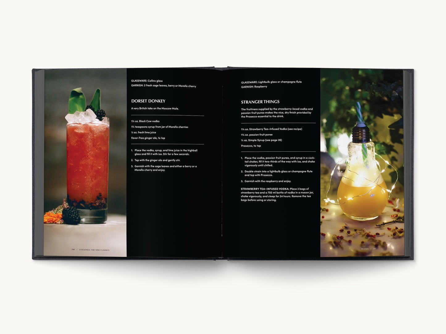 two pages of a cocktail book with dorset donkey and stranger things recipes