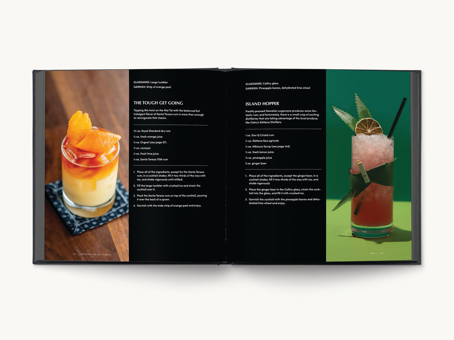 two pages from cocktail recipes book for the tough get going and the island hopper