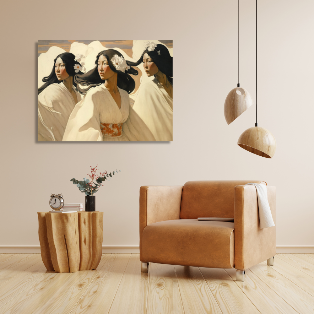 A framed wall art print showing three women in flowing white garments hangs on a beige wall above a tan leather armchair in a styled living room with wood flooring, pendant lights, and a small side table.