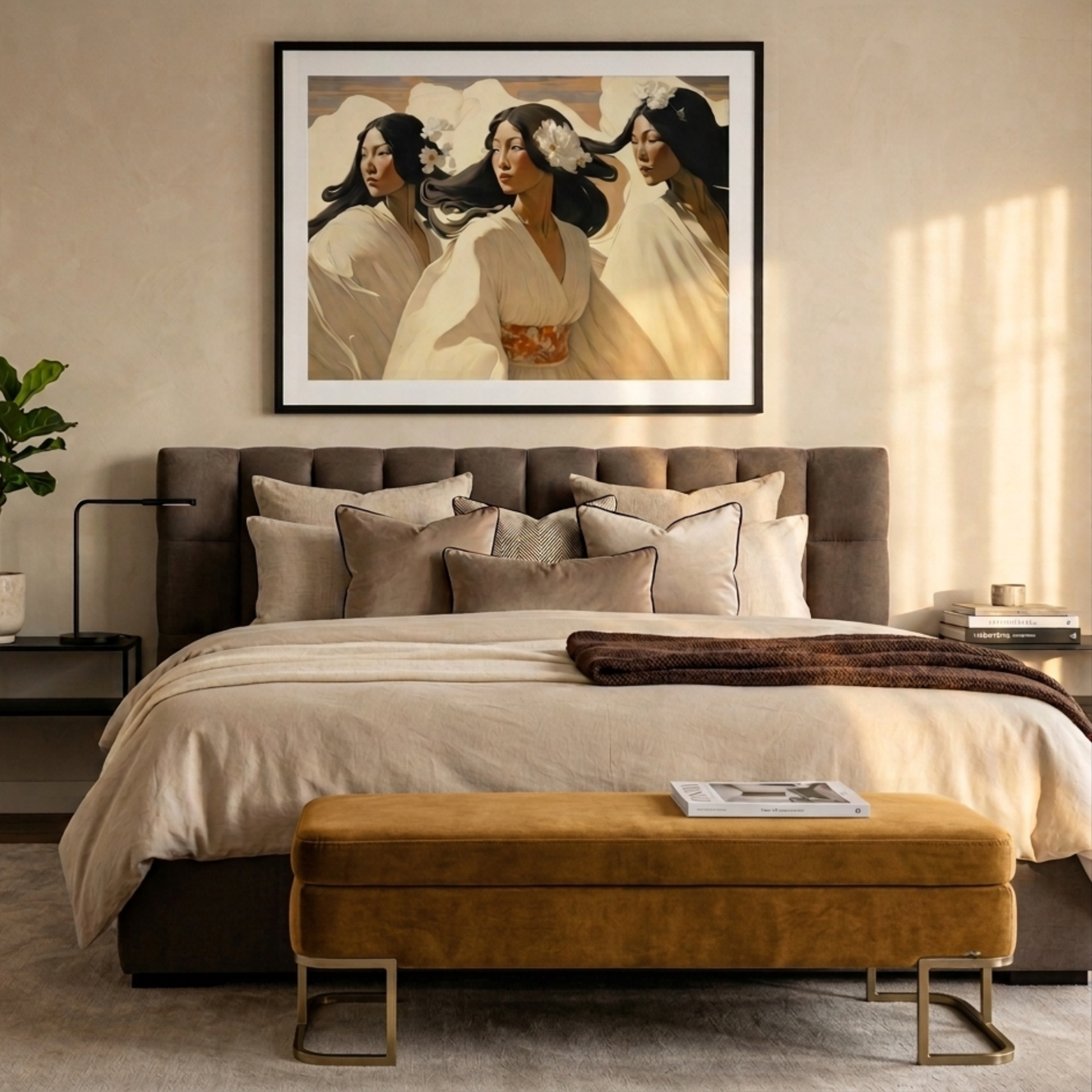 A framed art print depicting three women in flowing cream garments hangs above a bed in a styled bedroom. The print has a black frame and white mat, set against a warm beige wall.