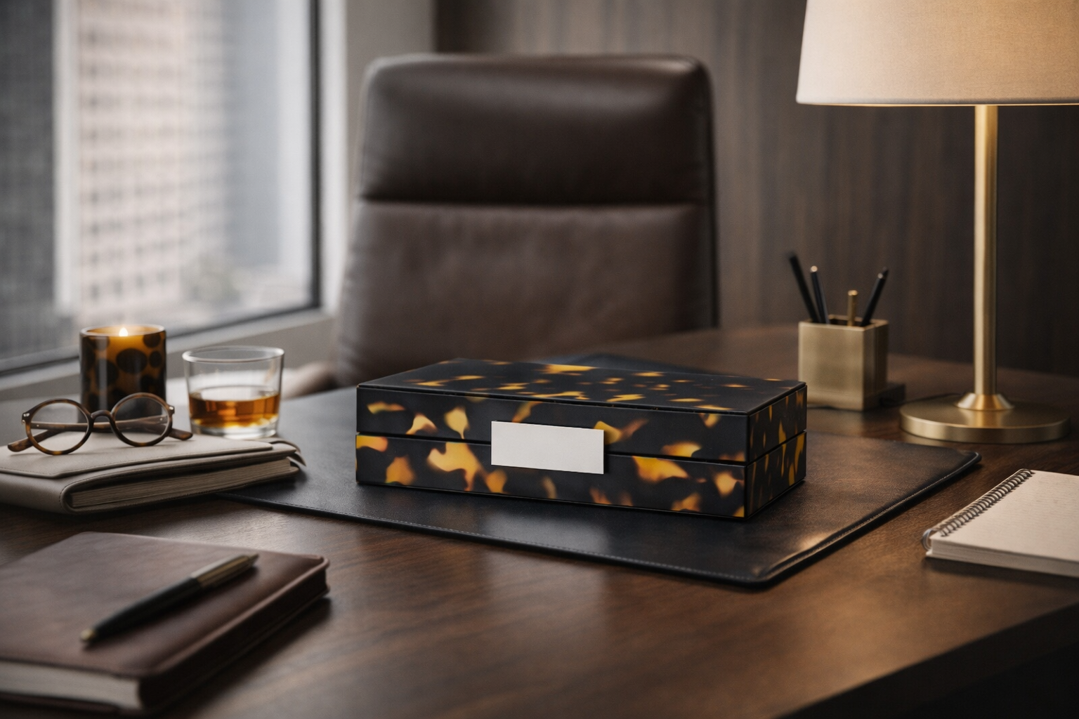 Decorative box on a desk with office supplies and a lamp in the background