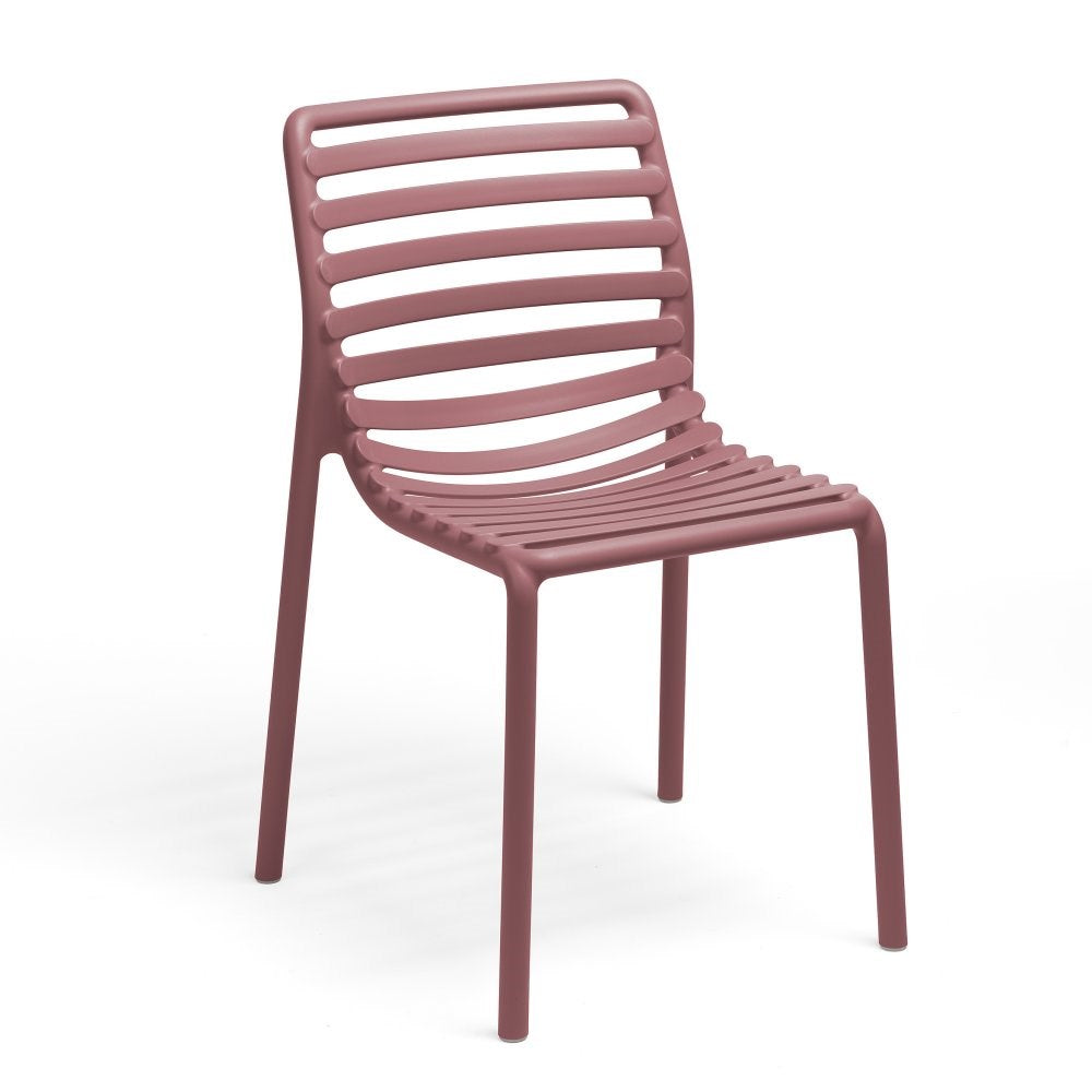 Pink chair with slatted design on a white background