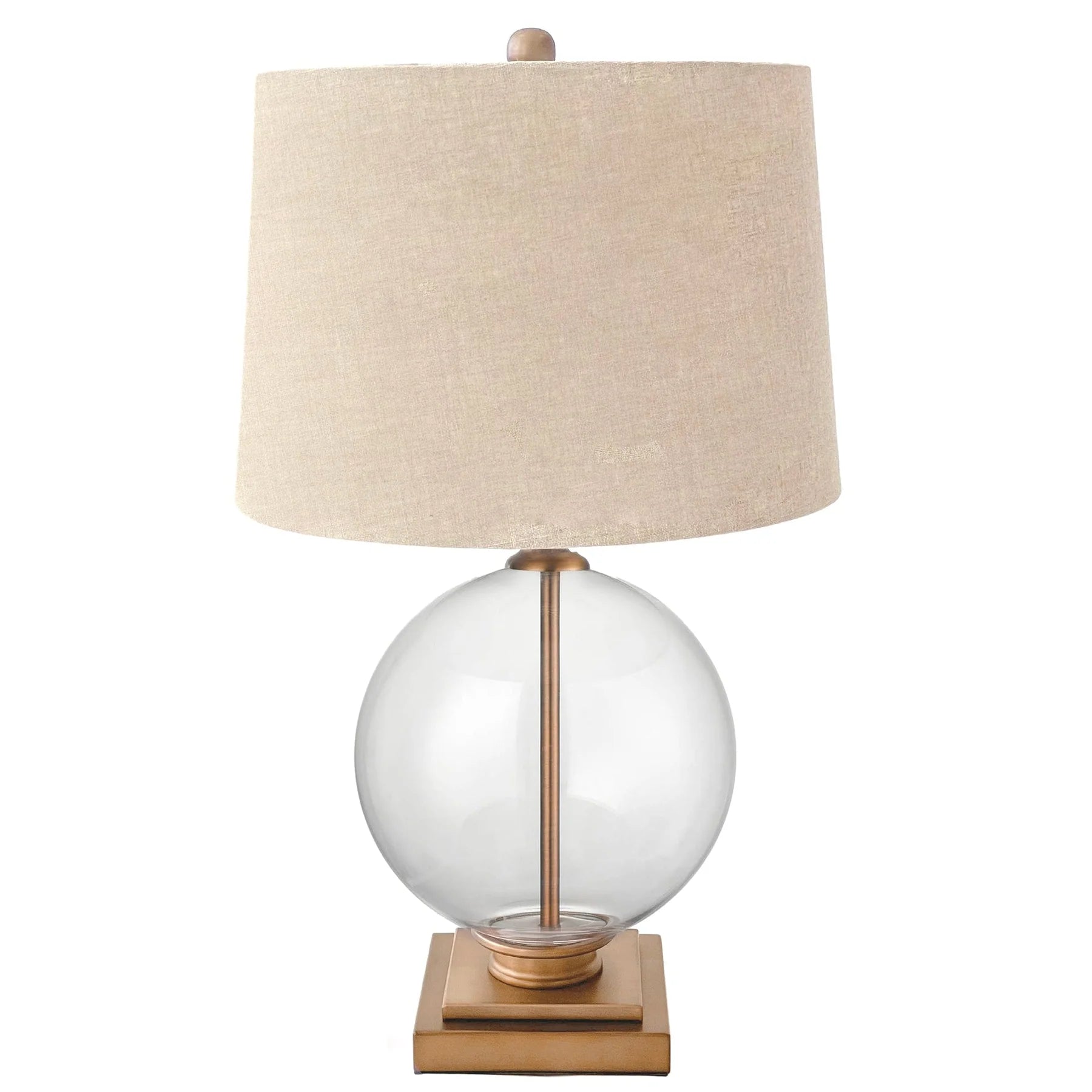 Clear globe table lamp with antique fittings and natural shade