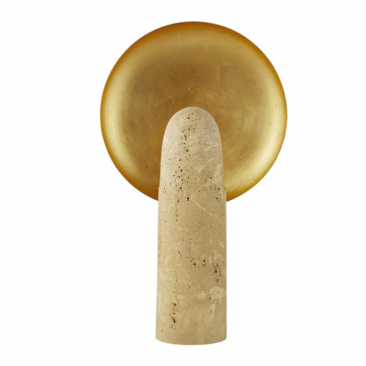 Decorative wall hook with gold circular plate and beige stone base on a white background