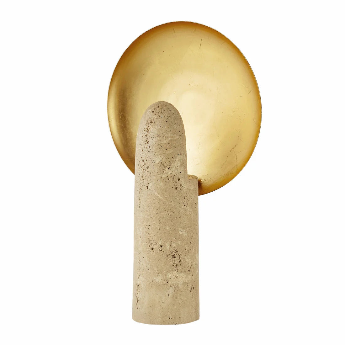 Wall-mounted light fixture with gold circular shade and beige cylindrical base on a white background