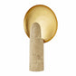 Wall-mounted light fixture with gold circular shade and beige cylindrical base on a white background