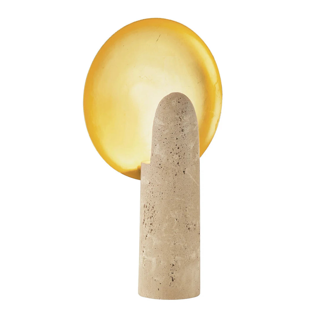 Decorative lamp with a brass shade and stone-like base on a white background