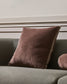 Brown pillow with decorative trim on a gray sofa against a neutral wall.