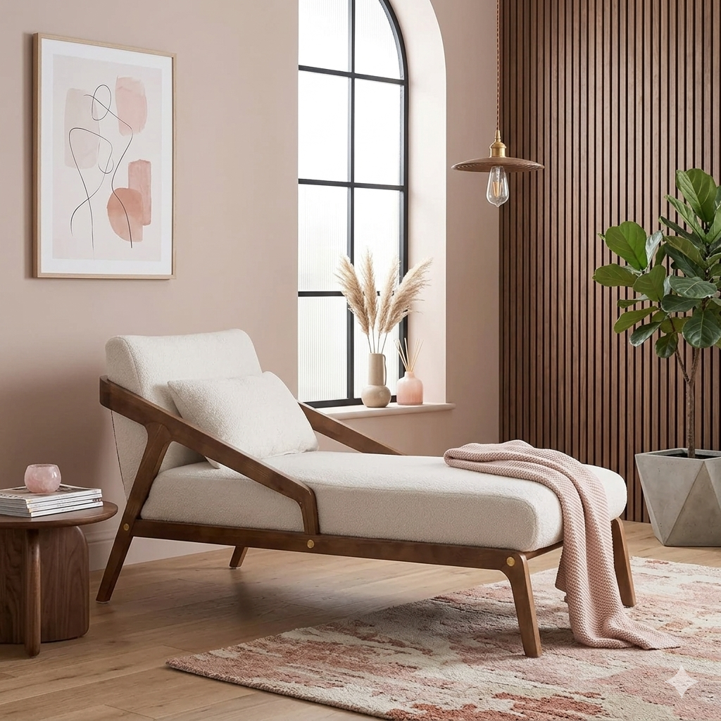 Modern lounge chair in a stylish living room with decor elements.