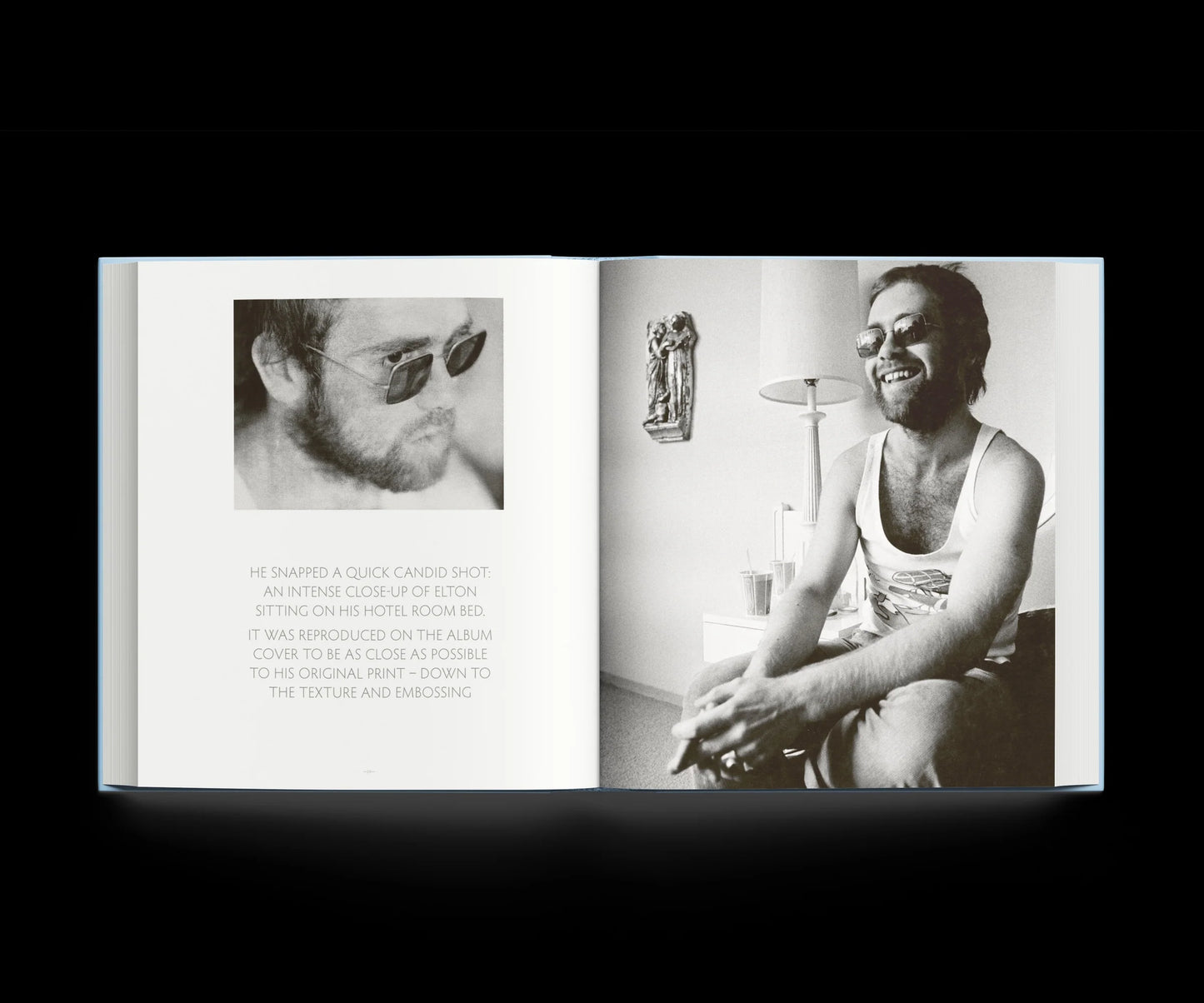 Open book showing black and white photos of a man with sunglasses and text.