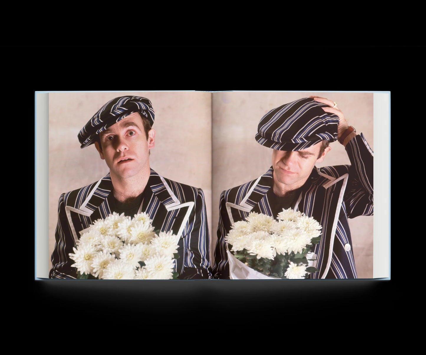 Book open to a page with two images of a person wearing a striped hat and holding flowers.