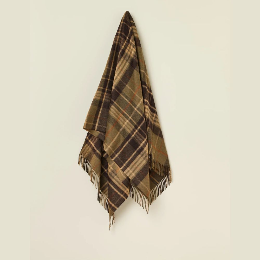 Plaid blanket with fringes on a beige background