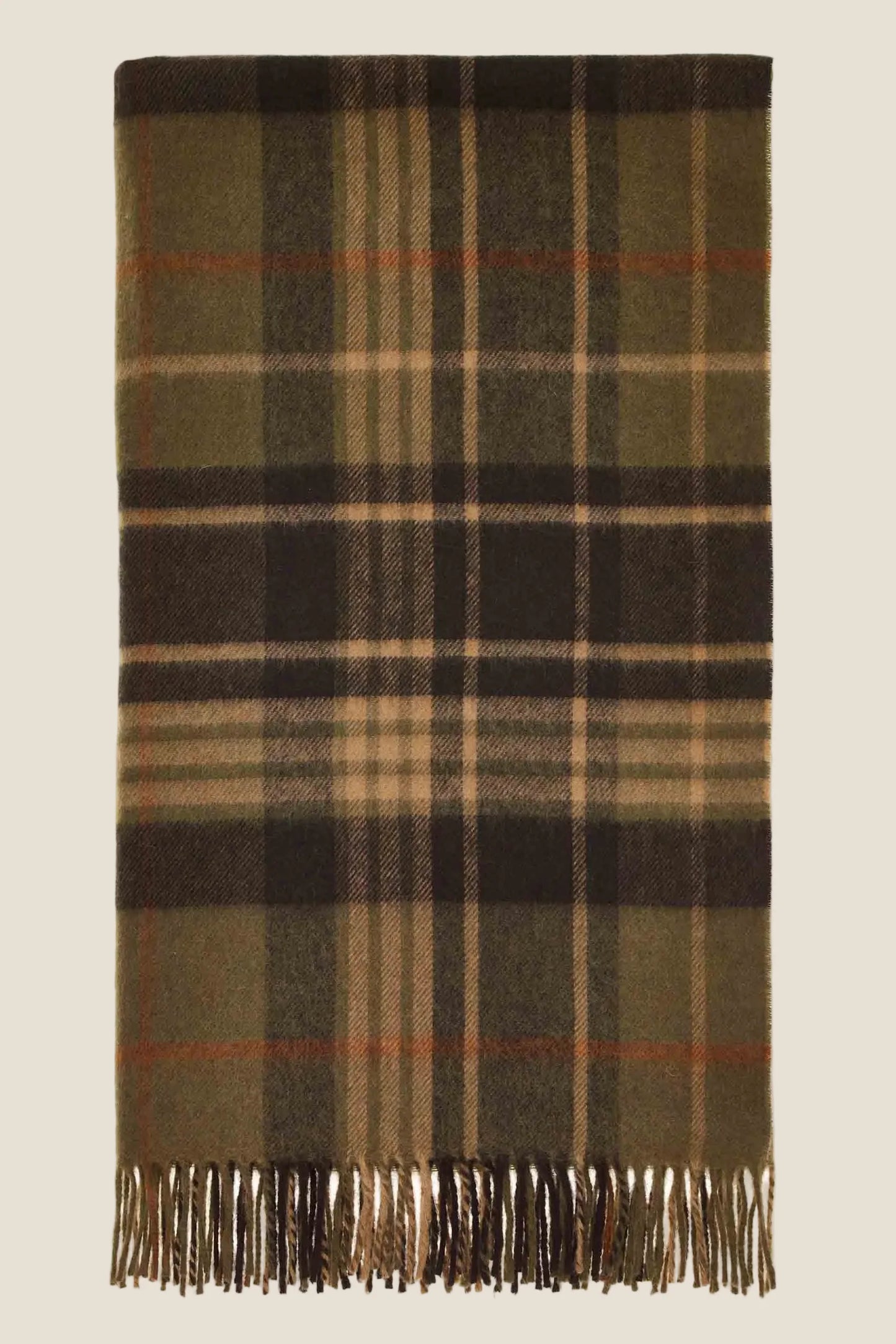 Plaid scarf with a brown and green pattern on a beige background