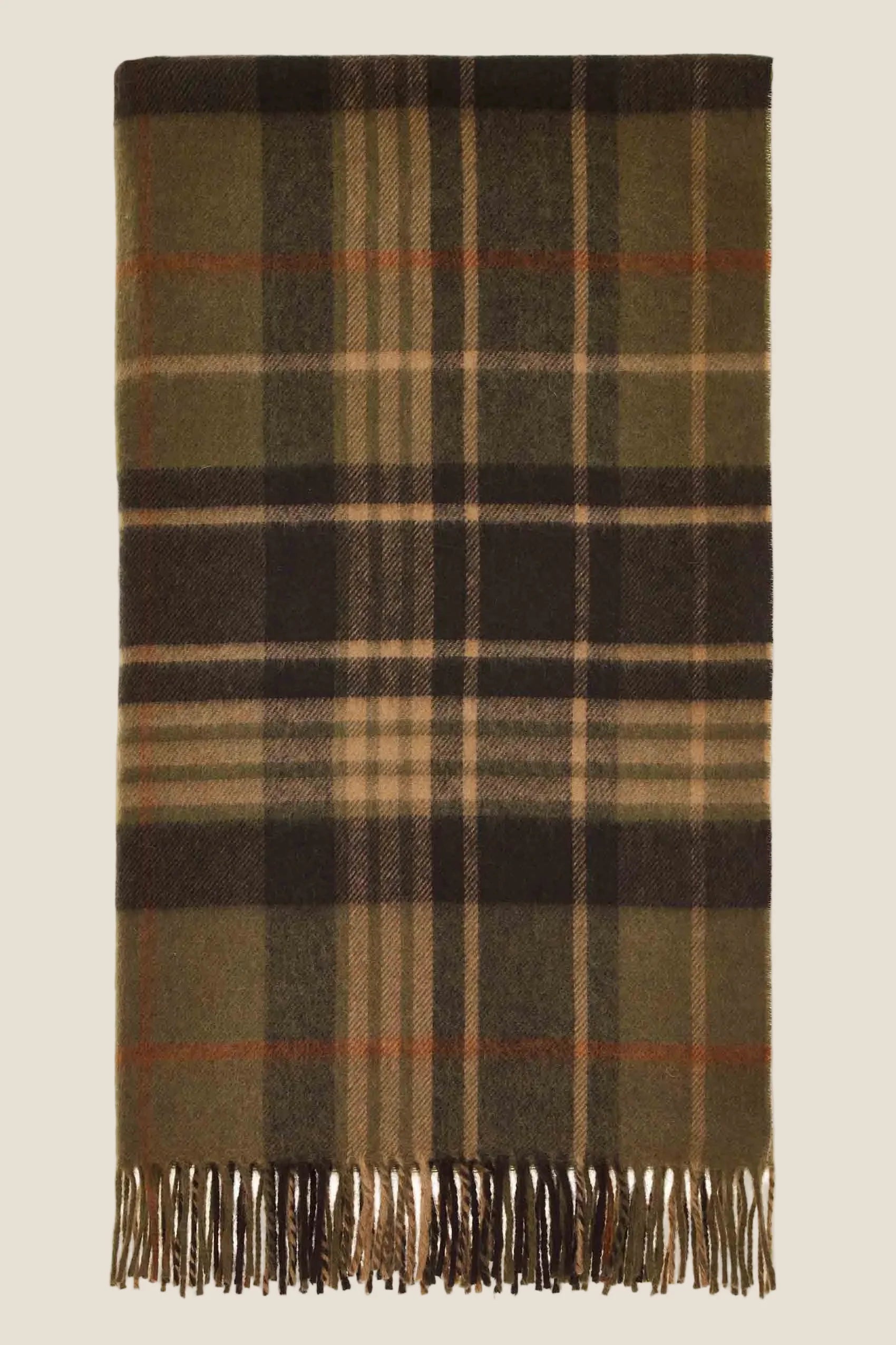 Plaid scarf with a brown and green pattern on a beige background