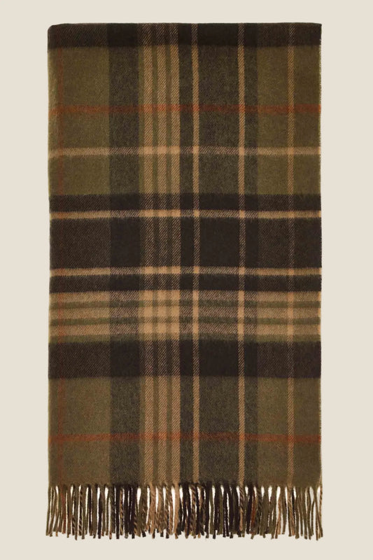 Plaid scarf with a brown and green pattern on a beige background