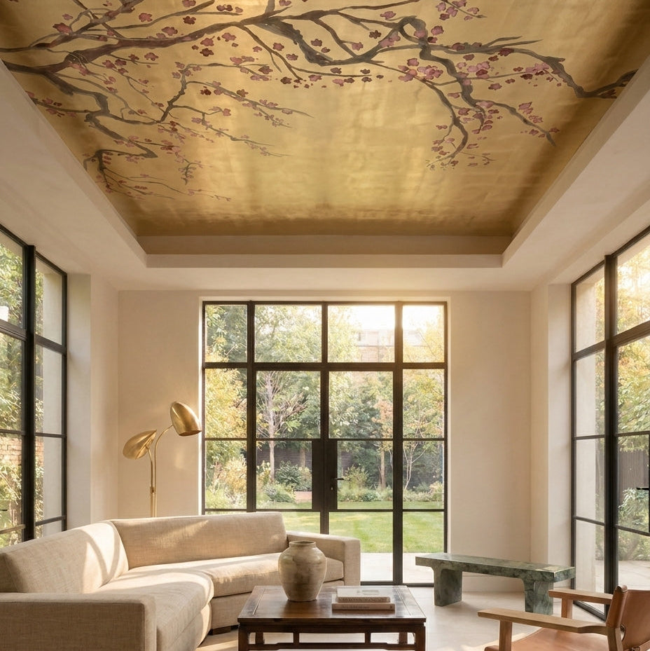 Modern living room with a decorative ceiling, large windows, and stylish furniture.
