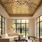 Modern living room with a decorative ceiling, large windows, and stylish furniture.