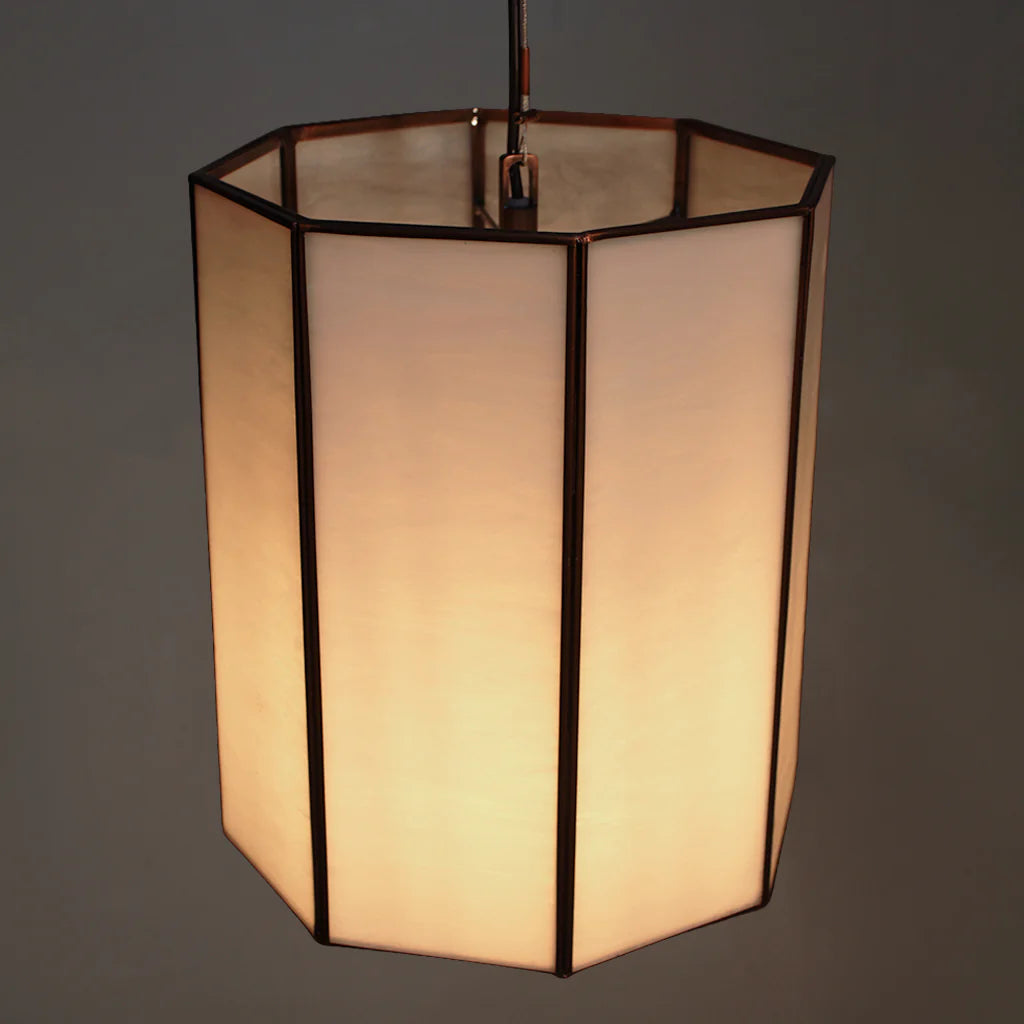 Hexagonal pendant light with a white shade on a dark background