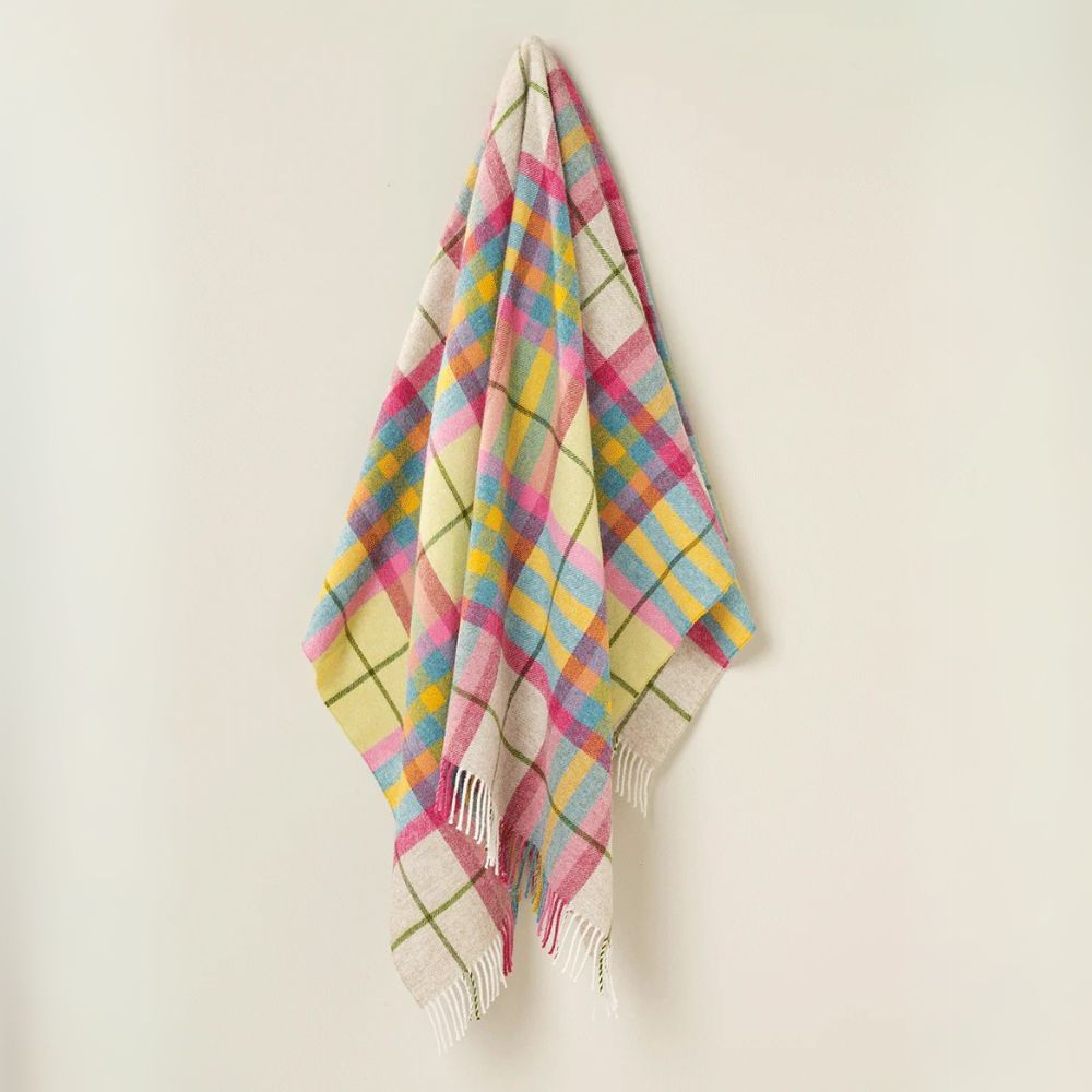 Colourful tartan style wool throw in pink,  yellow, aqua, ivory, rose