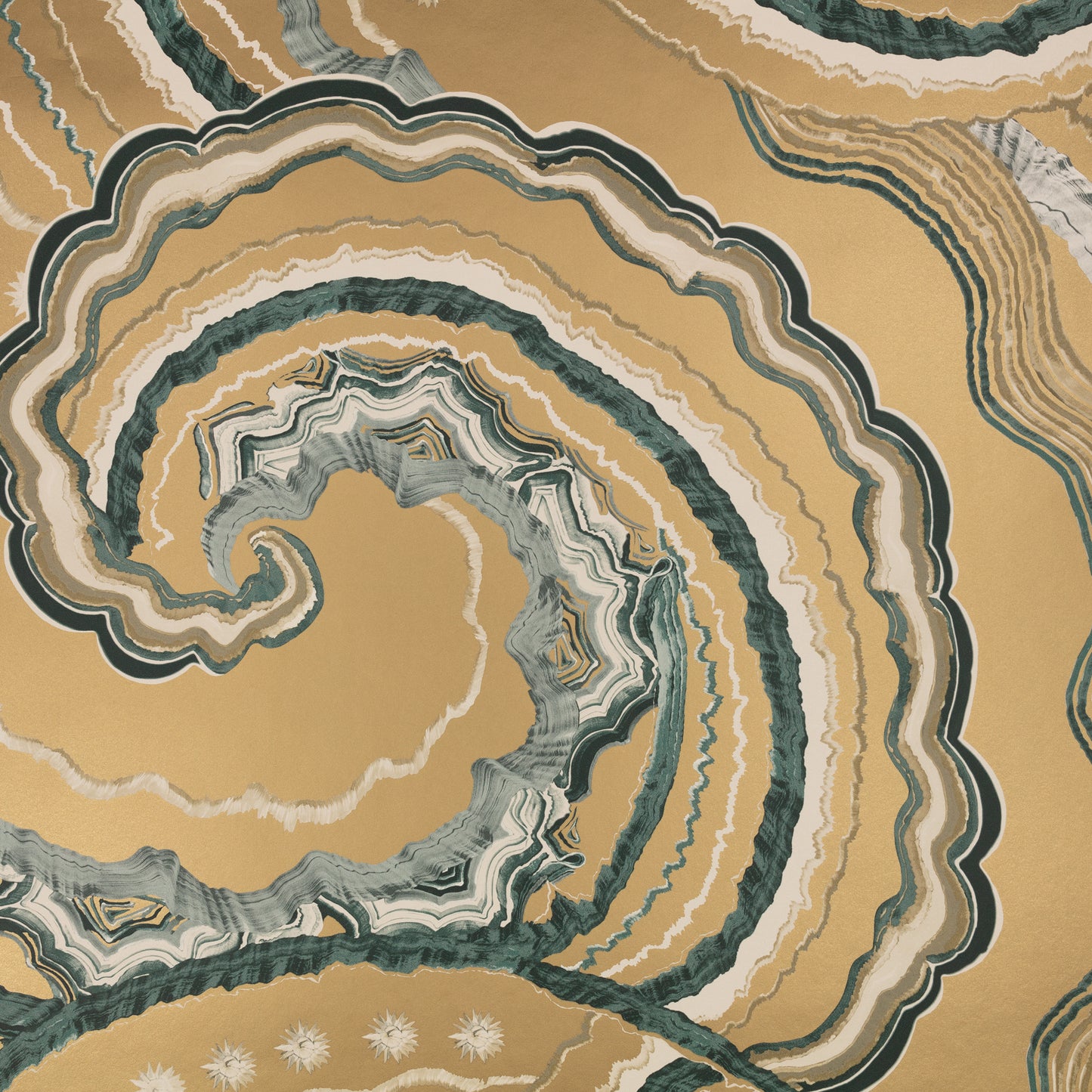 Close-up of a geode with concentric layers of gold, green, and white.