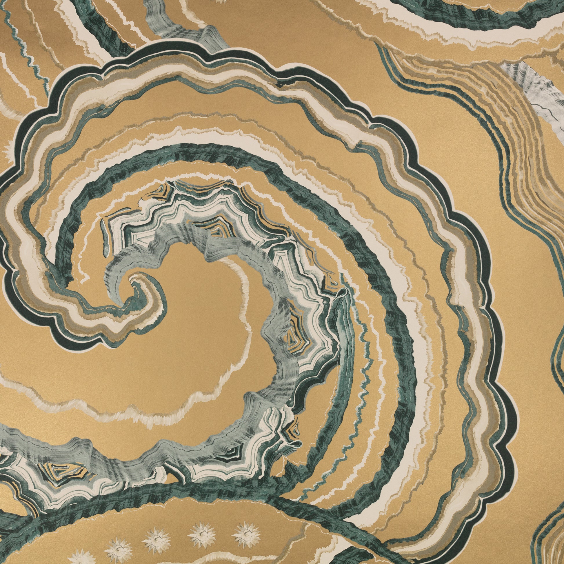 Close-up of a geode with concentric layers of gold, green, and white.