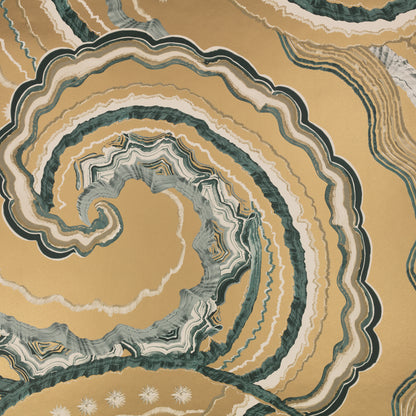 Close-up of a geode with concentric layers of gold, green, and white.