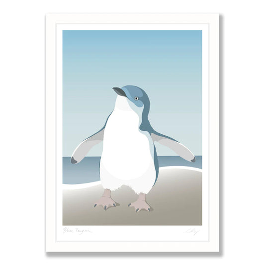 blue penguin art print in a white frame in pale blue, white and sand tones